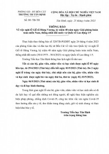 THÔNG BÁO NGHỈ LỄ 30/4 VÀ 01/5