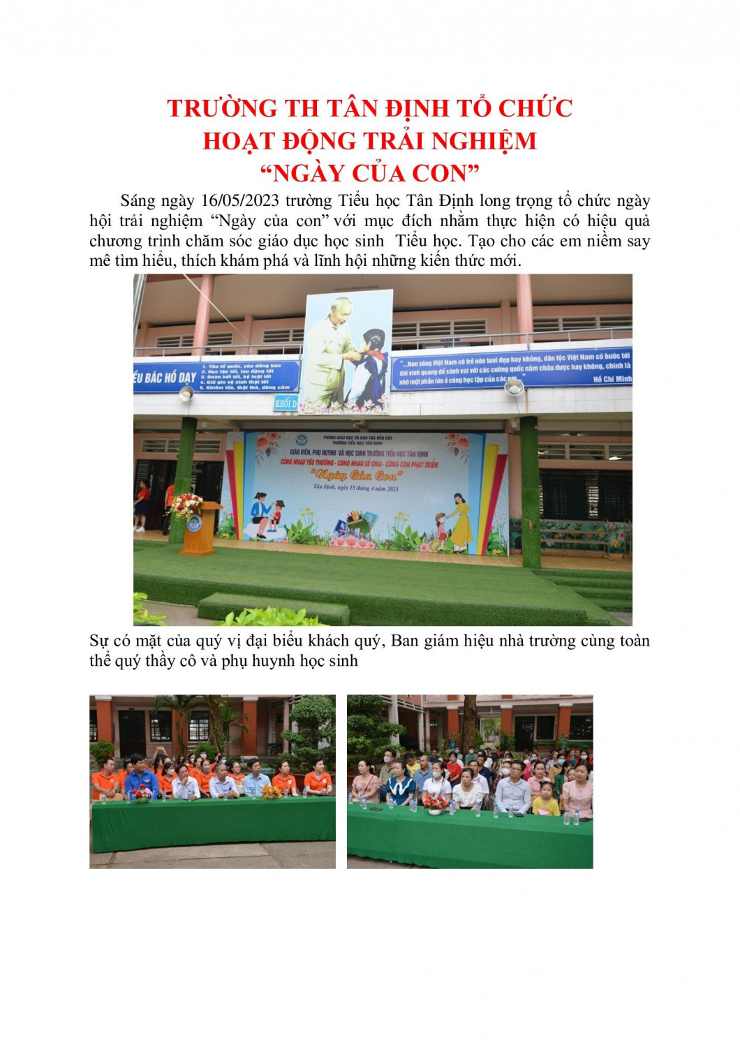 TRƯỜNG TH TÂN ĐỊNH TỔ CHỨC HOẠT ĐỘNG TRẢI NGHIỆM  “NGÀY CỦA CON”