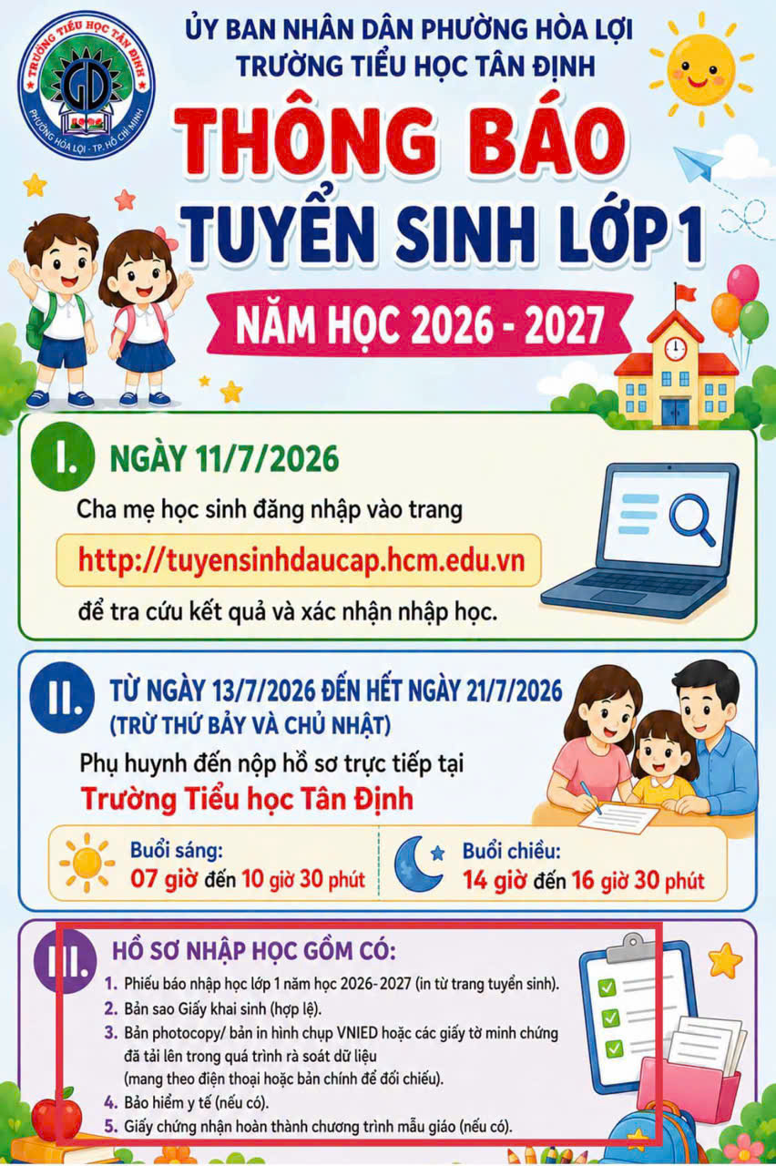 THÔNG BÁO TUYỂN SINH LỚP 1 NĂM HỌC 2026 – 2027