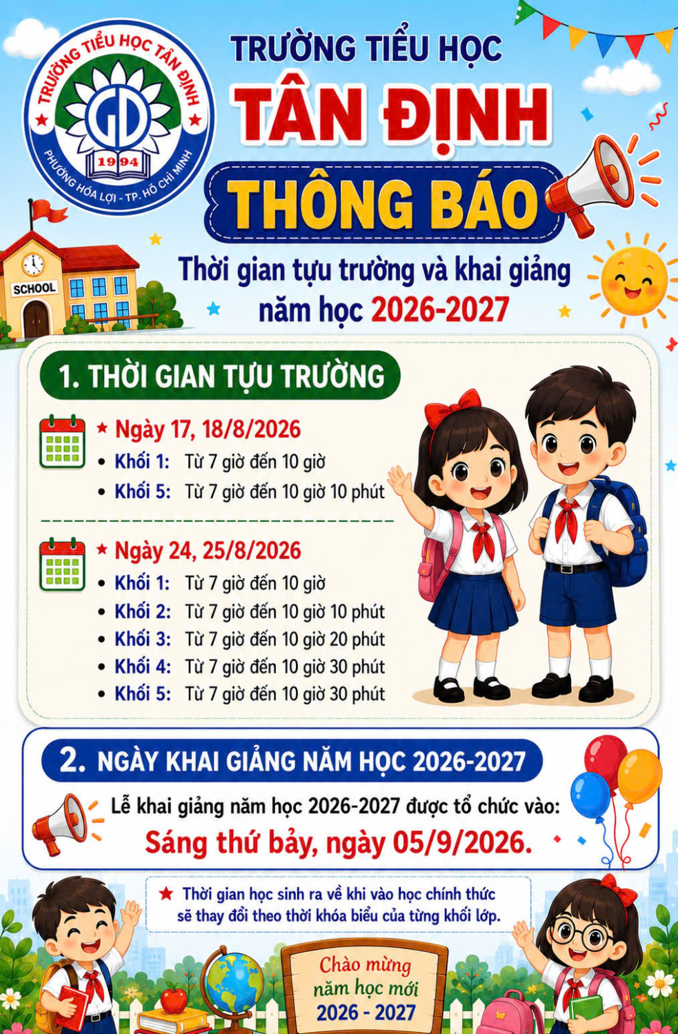 TRƯỜNG TIỂU HỌC TÂN ĐỊNH THÔNG BÁO THỜI GIAN TỰU TRƯỜNG VÀ KHAI GIẢNG NĂM HỌC 2026 - 2027